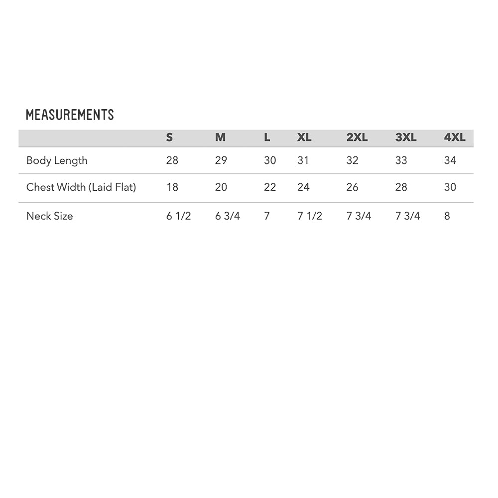 alt="Measurements for the shirts in inches"