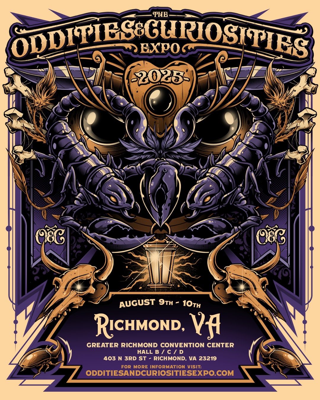 Promotional poster for the Oddities & Curiosities Expo 2025 in Richmond, VA.
August 9th-10th
Greater Richmond Convention Center Hall B/C/D
403 N 3rd St. Richmond, VA 23219