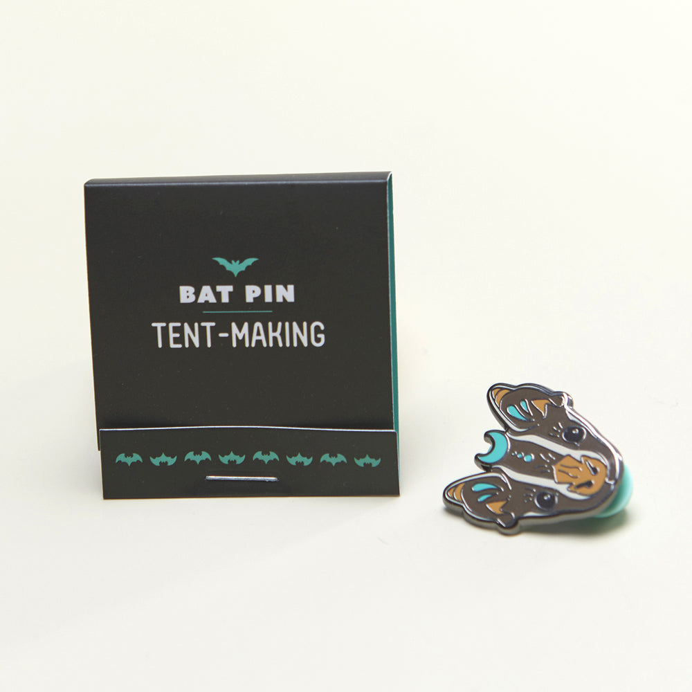Tent-making bat enamel pin closed