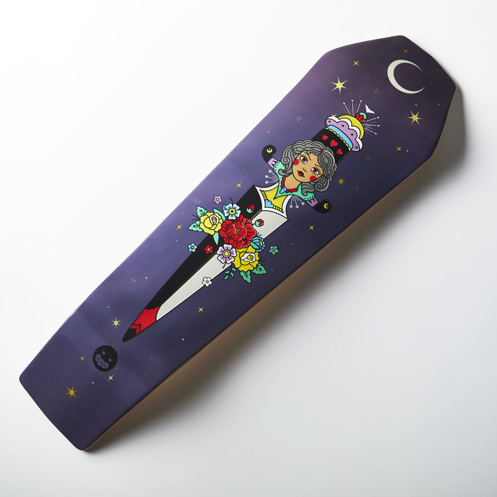 alt="Coffin skate deck lady dagger with moon"