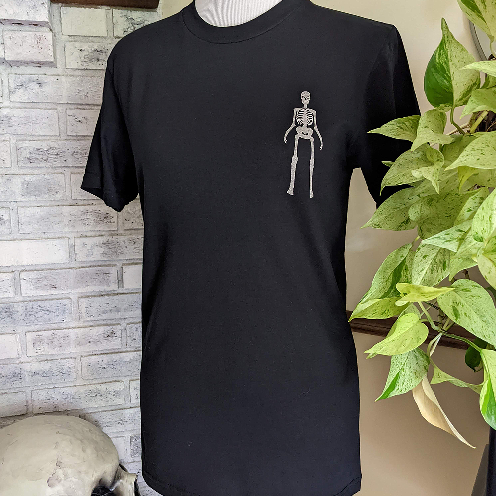 alt="Black shirt with 12ft skeleton printed on it"