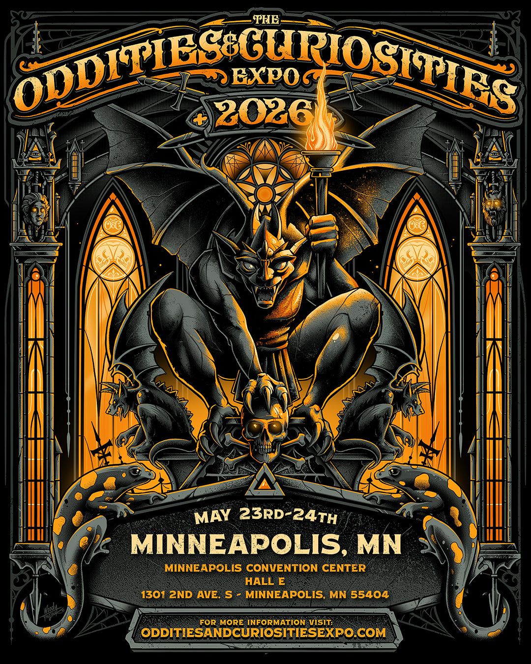 Event flyer with a spooky gothic church theme. The event details: May 23rd-24th, Hours 10 am - 5 pm, Minneapolis Convention Center Hall E. 1301 2nd Ave S, Minneapolis, MN 55404
