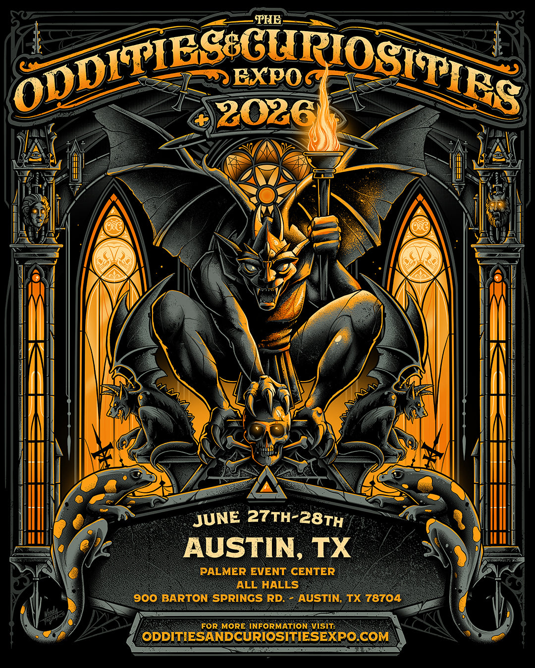 Oddities & Curiosities Expo flyer for the event on June 27th-28th. Hours 10 am - 5 pm. Located at the Palmer Event Center. All Halls. 900 Barton Springs Rd.Austin TX, 78704. The orange and gray flyer has a gothic church theme with gargoyles, windows, salamanders.