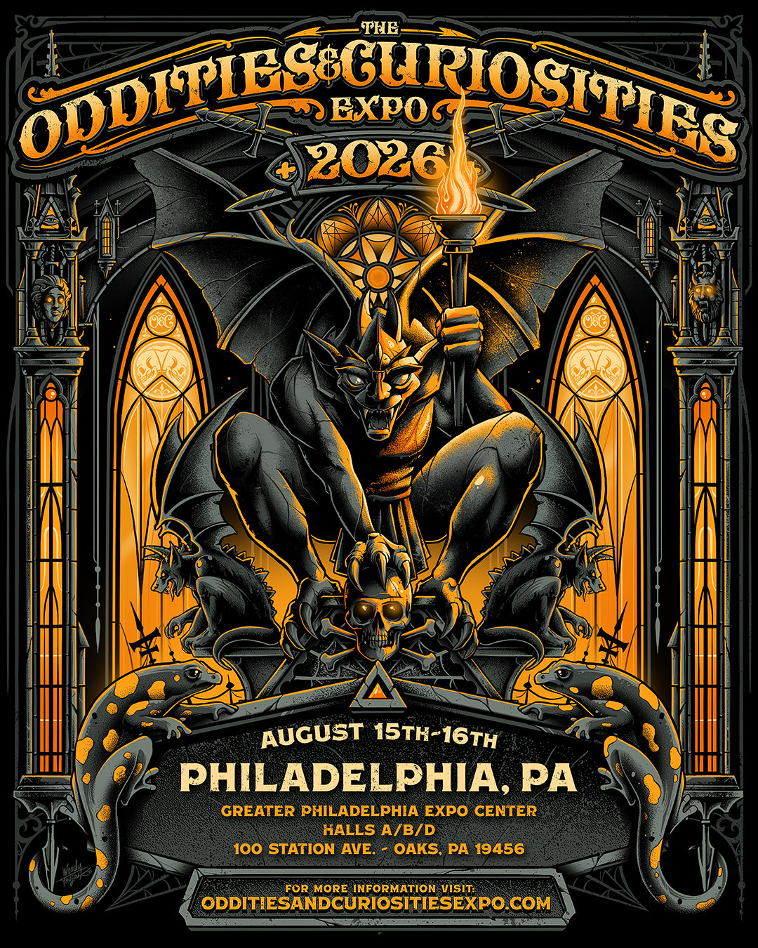 Oddities & Curiosities Expo flyer for the event on August 15th-16th. Hours 10 am - 5 pm. Located at the Greater Philadelphia Expo Center. Halls A, B, & D. 100 Station Ave, Oaks, PA 19456. The orange and gray flyer has a gothic church theme with gargoyles, windows, salamanders.