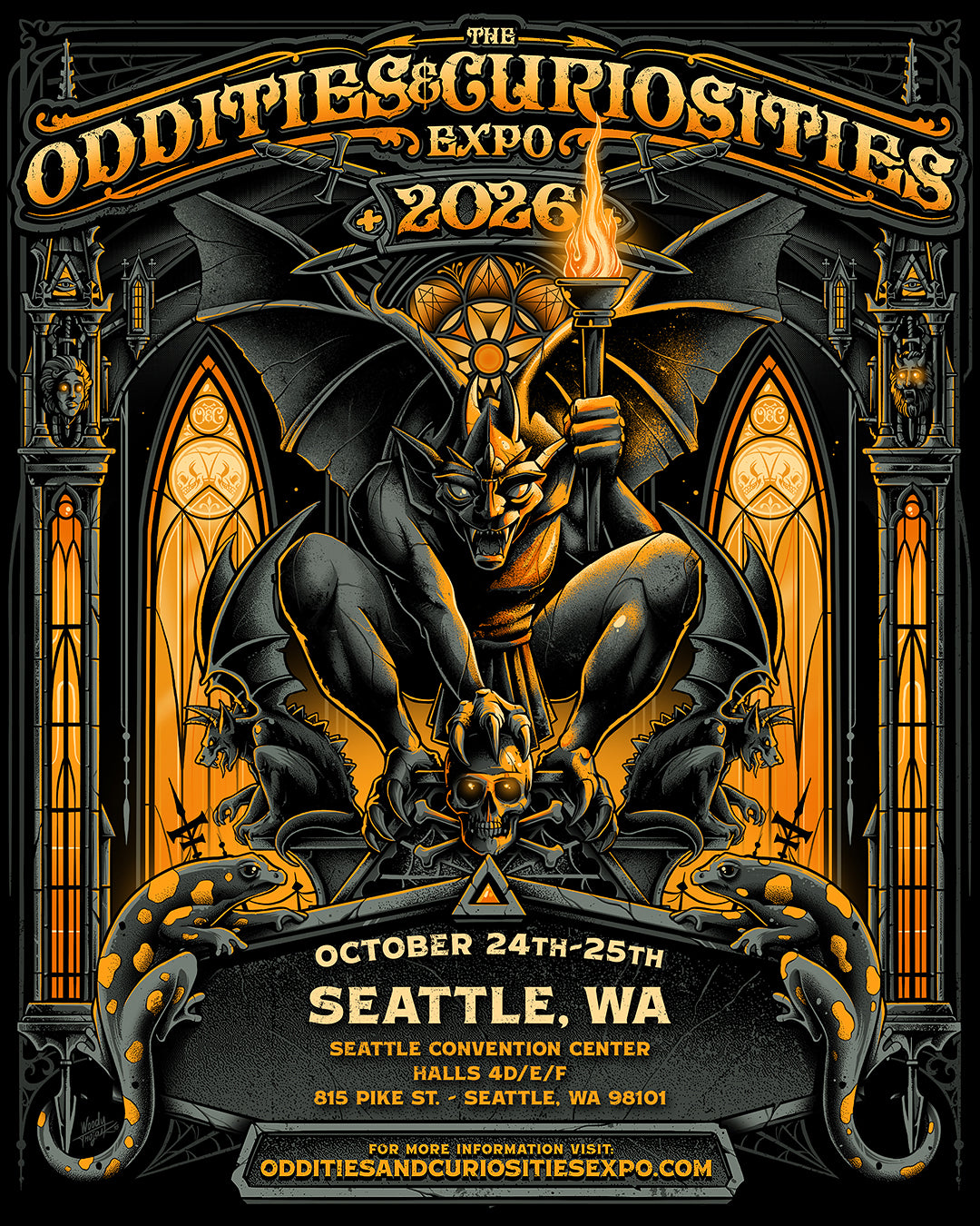 Oddities & Curiosities Expo flyer for the event on October 24th-25th. Hours 10 am - 5 pm. Located at the Seattle Convention Center. Halls 4D/E/F. 815 Pike St. Seattle WA 98101. The orange and gray flyer has a gothic church theme with gargoyles, windows, salamanders.