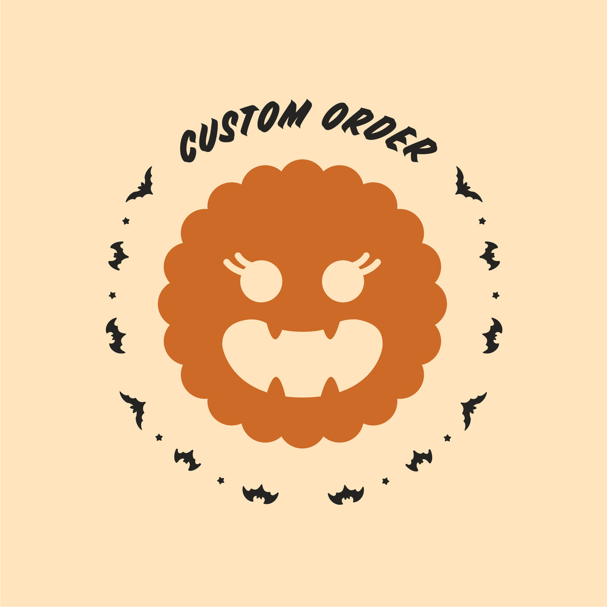 A smiling jack-o-lantern type face with the words, "custom order" above the head. Bats are circling the face and text.