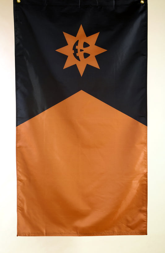 The Minnesota state flag but in orange and black colors with a jack-o-lantern star.