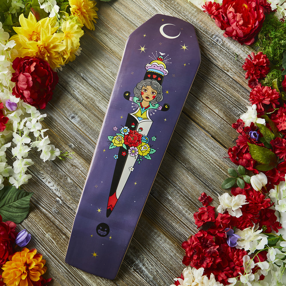 alt="Coffin skate deck lady dagger with flowers"