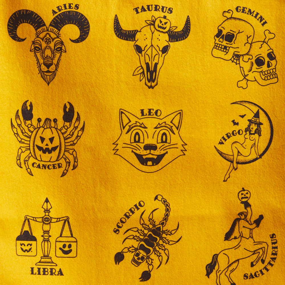 alt="Astrology signs spooky versions on orange pennant"
